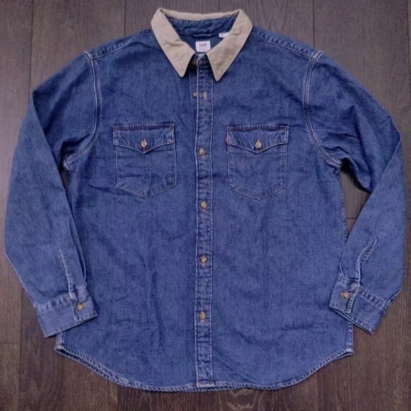 Levi's Strauss Blue Denim Long Sleeve Shirt Size Large Corduroy Collar - Picture 1 of 4